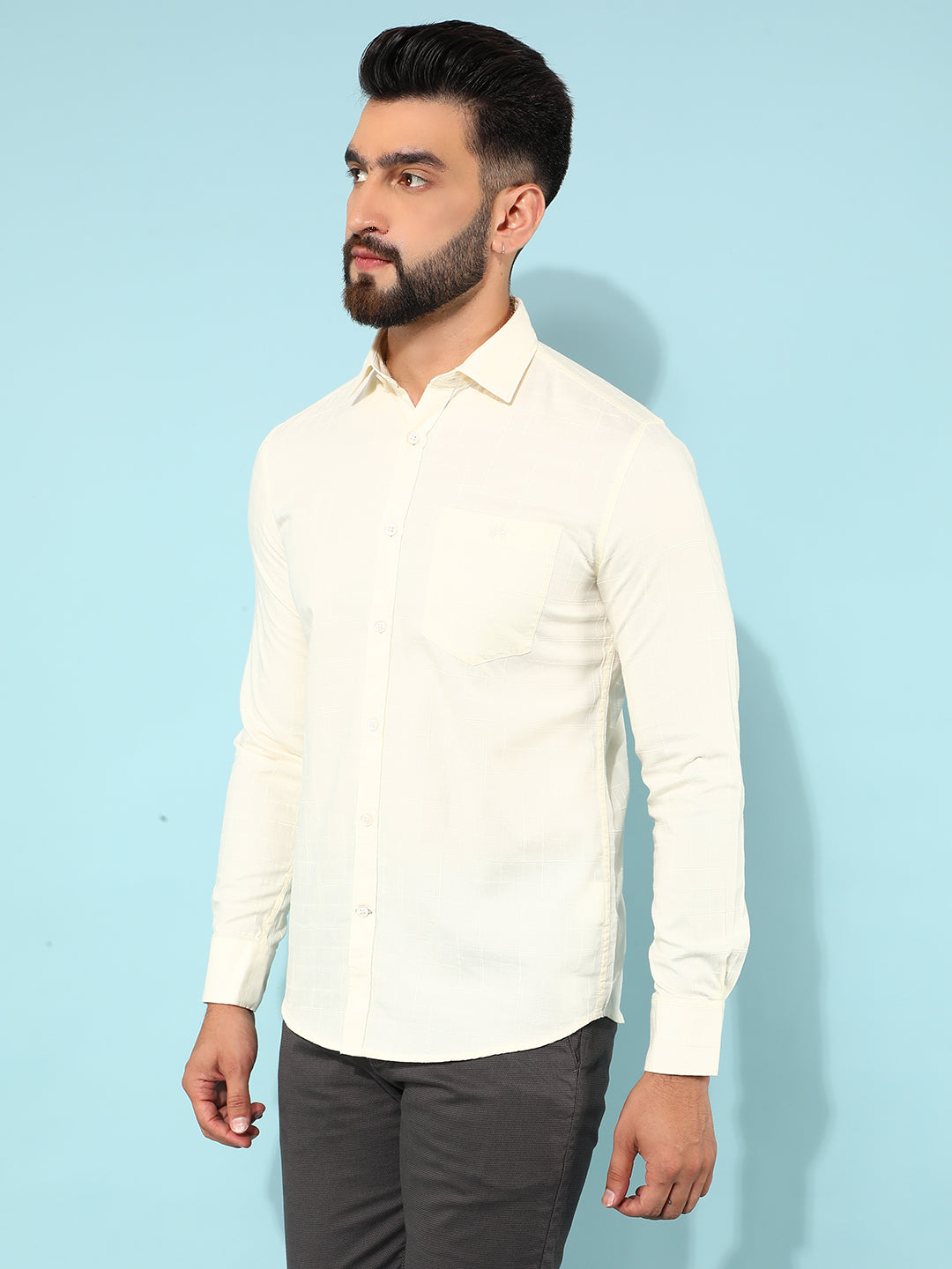 Beige 100% Cotton Checked Shirt-Men Shirts-Crimsoune Club