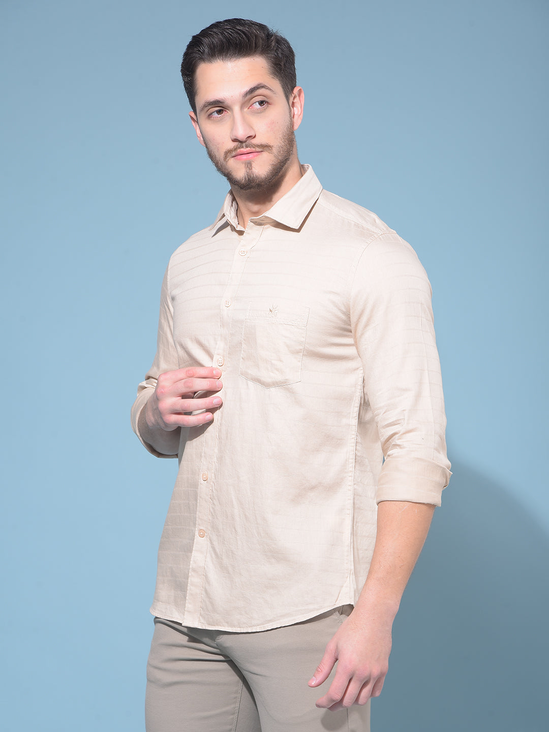 Beige Horizontal Striped 100% Cotton Shirt-Men Shirts-Crimsoune Club