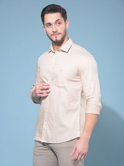 Beige Horizontal Striped 100% Cotton Shirt-Men Shirts-Crimsoune Club