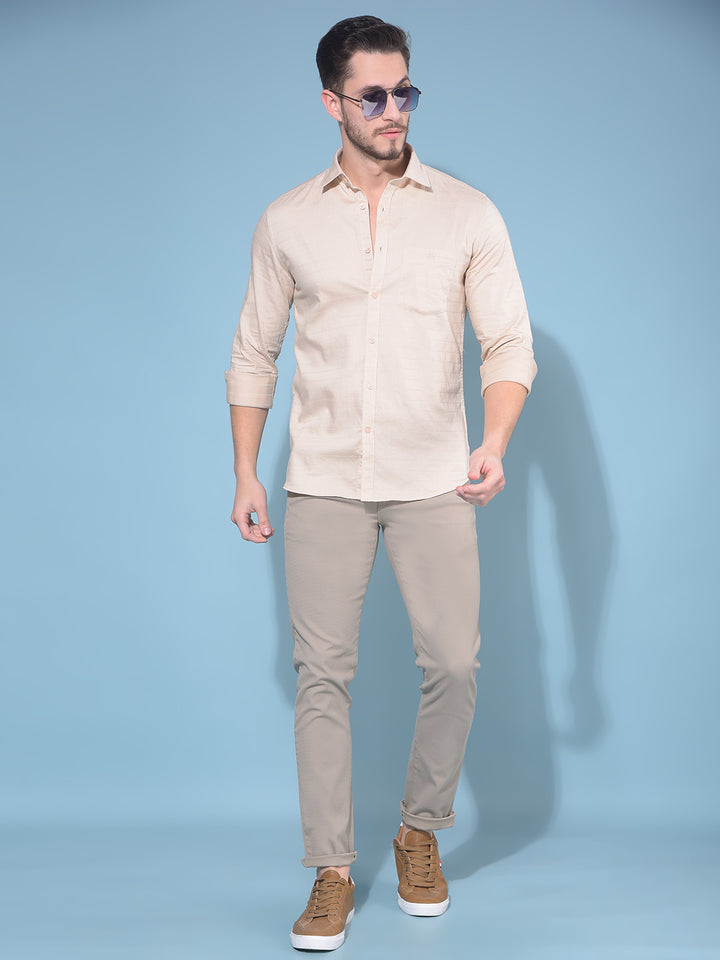 Beige Horizontal Striped 100% Cotton Shirt-Men Shirts-Crimsoune Club