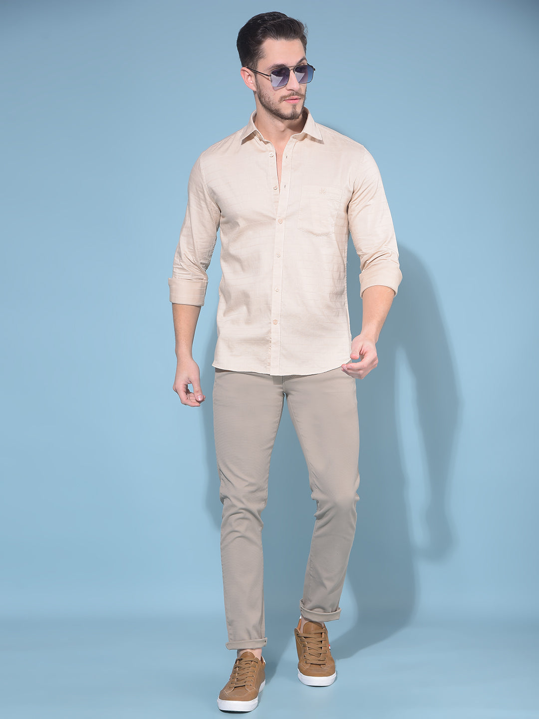 Beige Horizontal Striped 100% Cotton Shirt-Men Shirts-Crimsoune Club