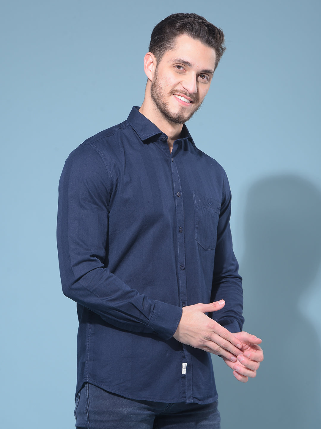 Navy Blue Horizontal Striped 100% Cotton Shirt-Men Shirts-Crimsoune Club