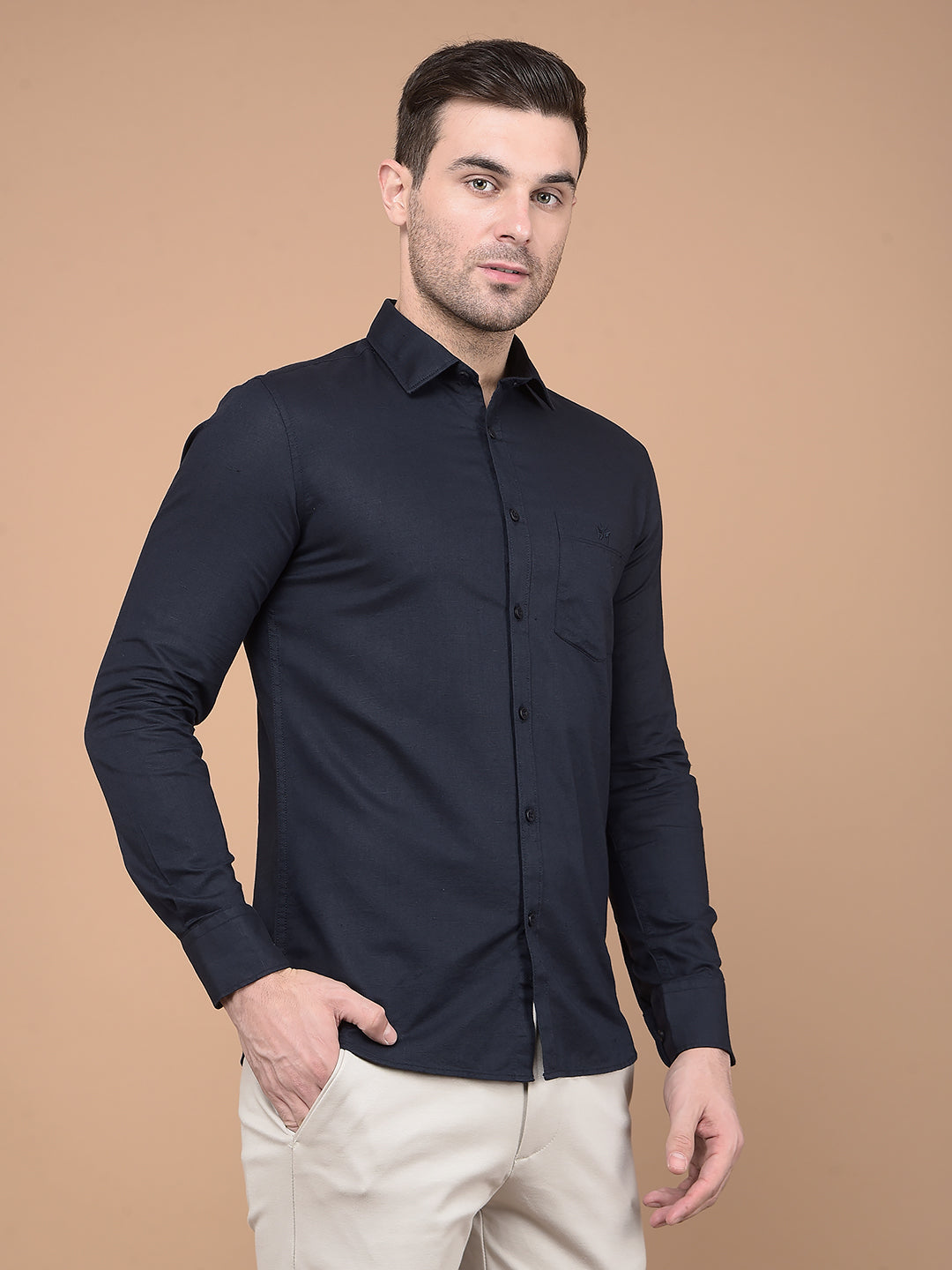 Navy Blue Linen Shirt-Men Shirts-Crimsoune Club