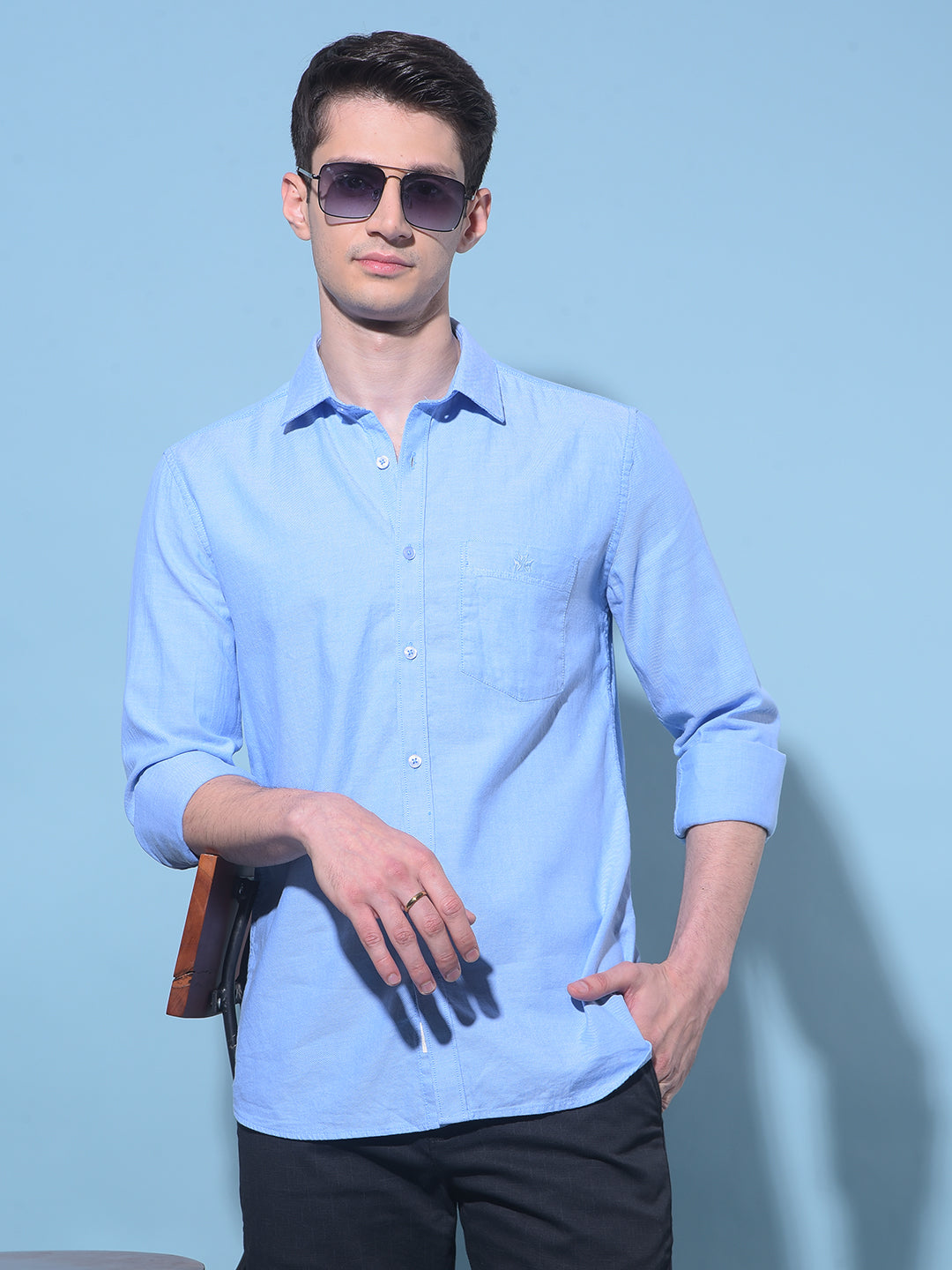 Blue Embroidered 100% Cotton Shirt-Men Shirts-Crimsoune Club