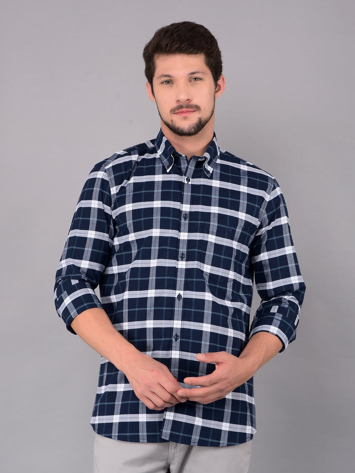 Navy Blue 100% Cotton Checked Shirt-Men Shirts-Crimsoune Club