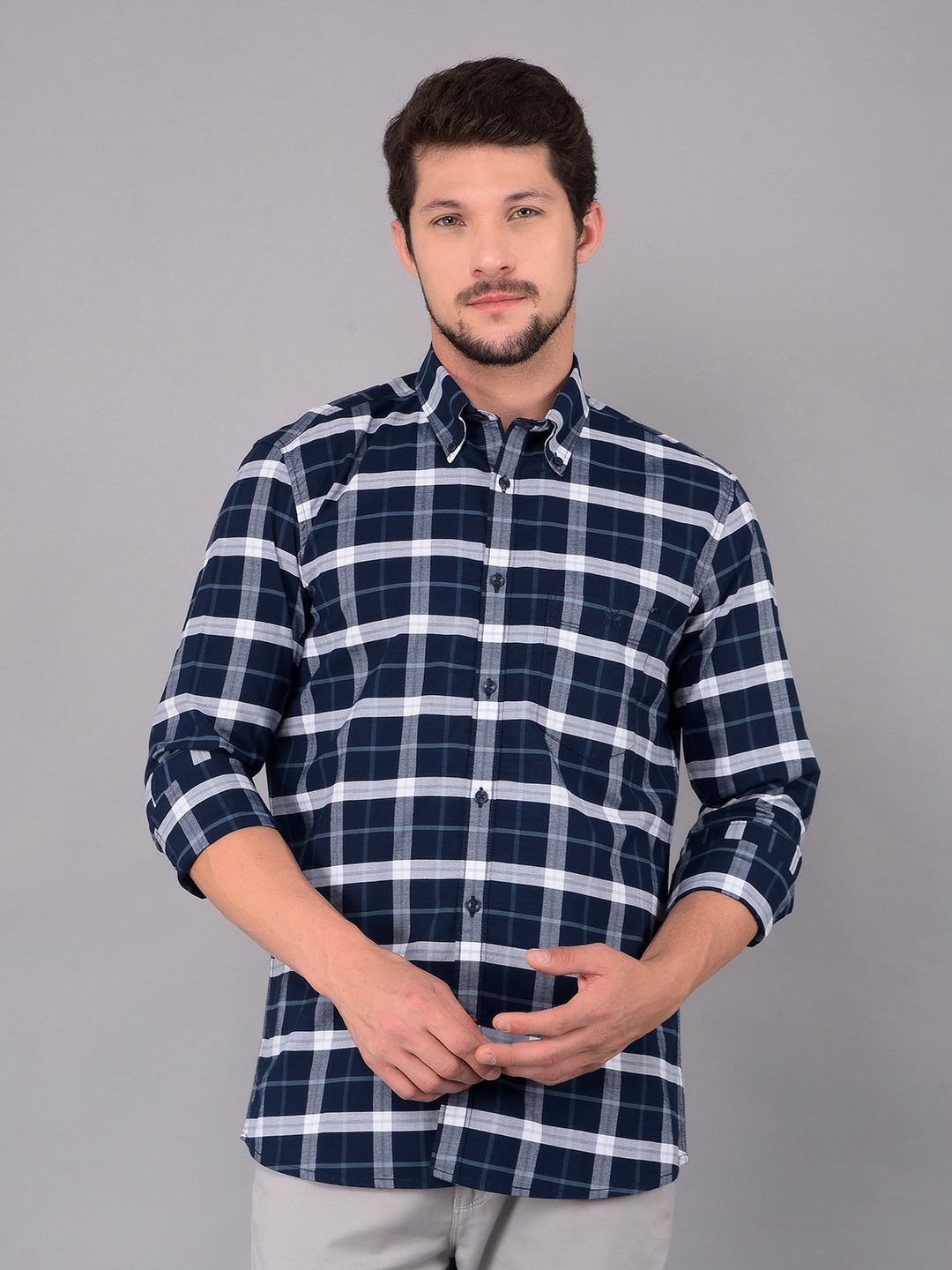 Navy Blue 100% Cotton Checked Shirt-Men Shirts-Crimsoune Club