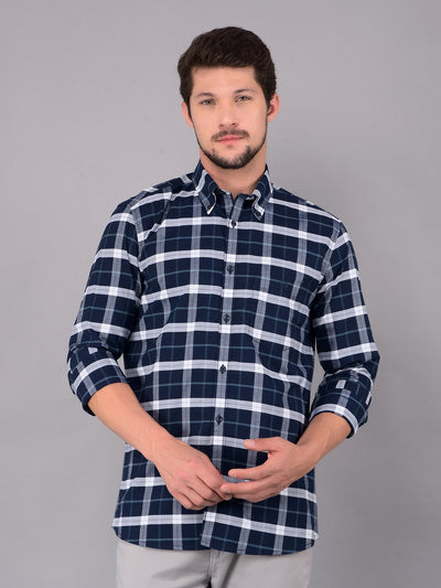 Navy Blue 100% Cotton Checked Shirt-Men Shirts-Crimsoune Club