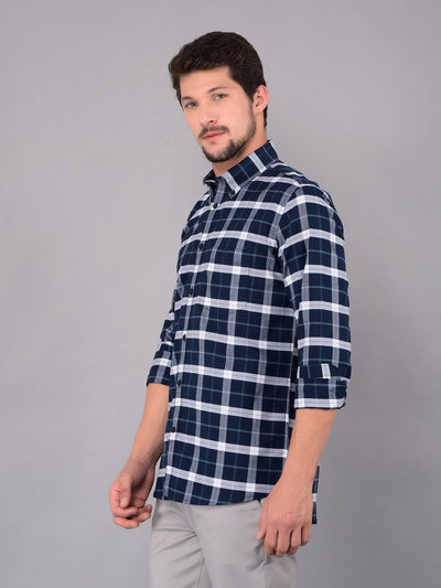 Navy Blue 100% Cotton Checked Shirt-Men Shirts-Crimsoune Club