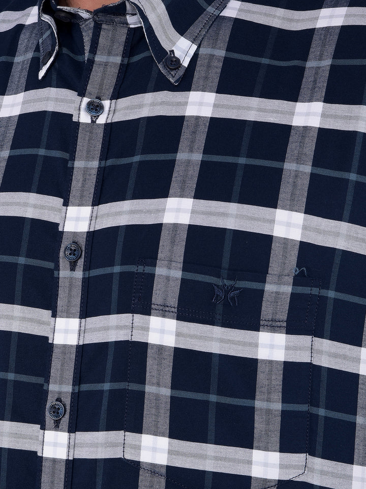 Navy Blue 100% Cotton Checked Shirt-Men Shirts-Crimsoune Club