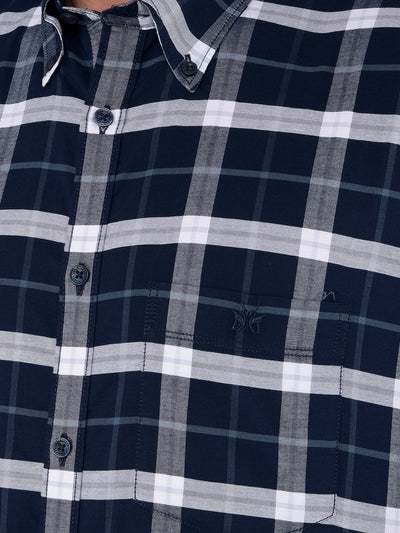 Navy Blue 100% Cotton Checked Shirt-Men Shirts-Crimsoune Club