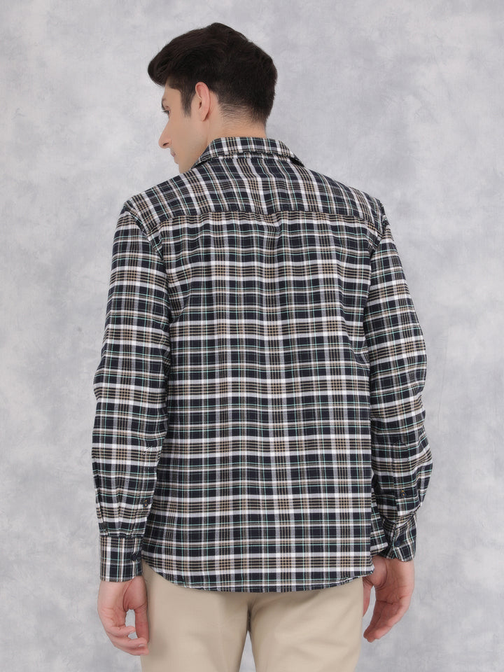Navy Blue 100% Cotton Checked Shirt-Men Shirts-Crimsoune Club