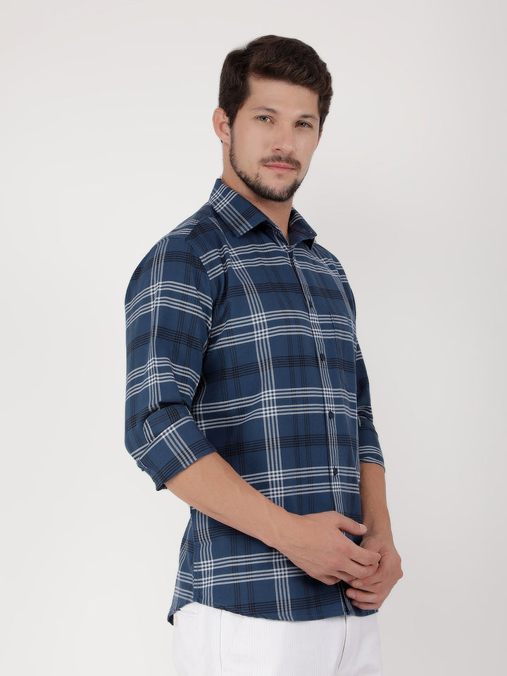 Navy Blue 100% Cotton Checked Shirt-Men Shirts-Crimsoune Club