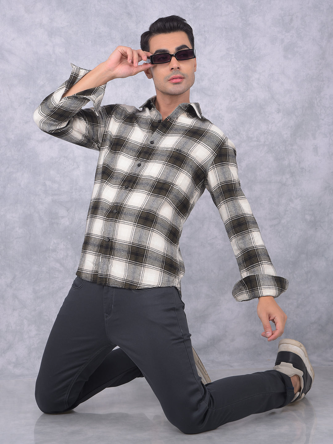 Olive Checked 100% Cotton Shirt-Men Shirts-Crimsoune Club