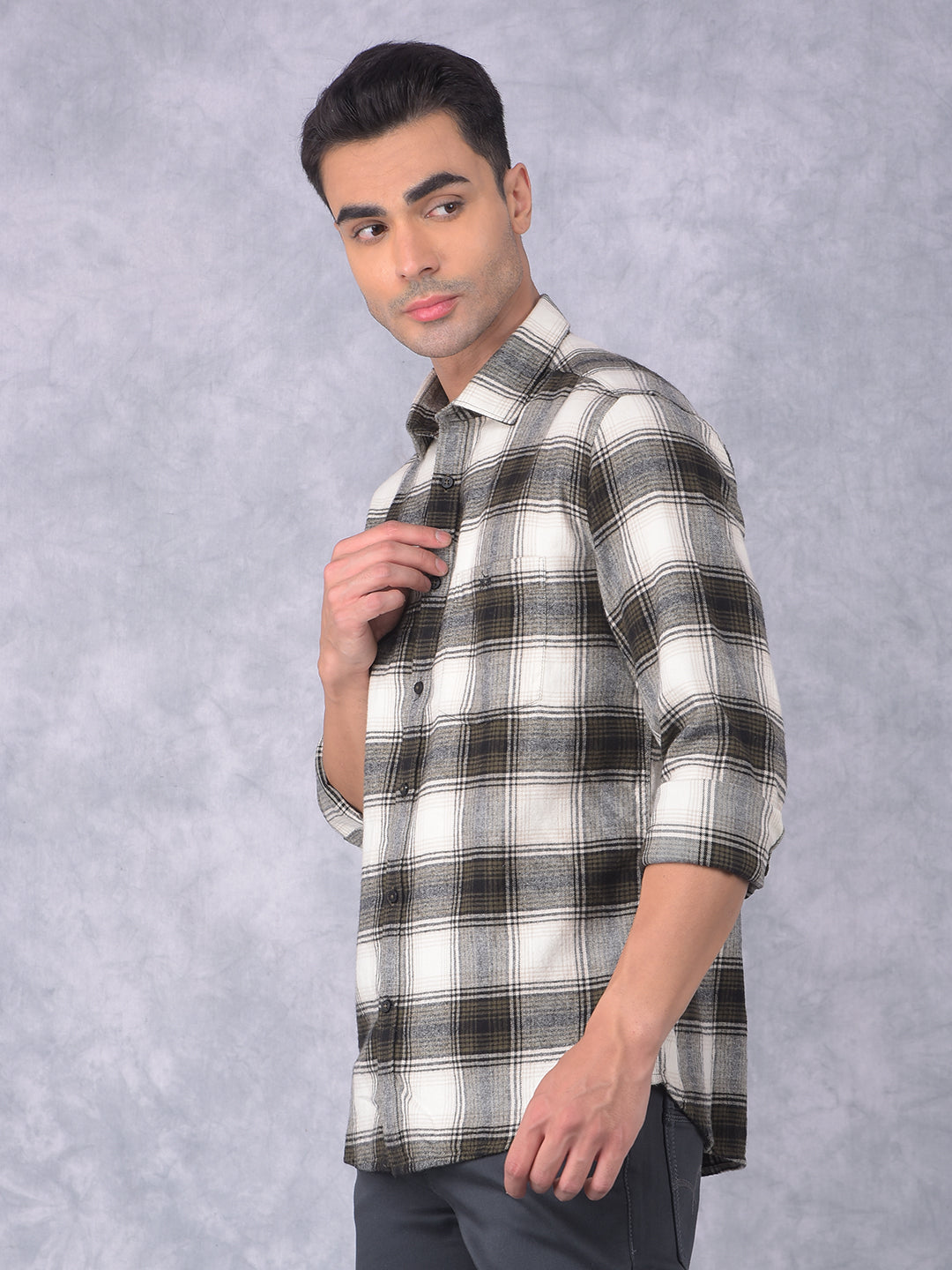 Olive Checked 100% Cotton Shirt-Men Shirts-Crimsoune Club