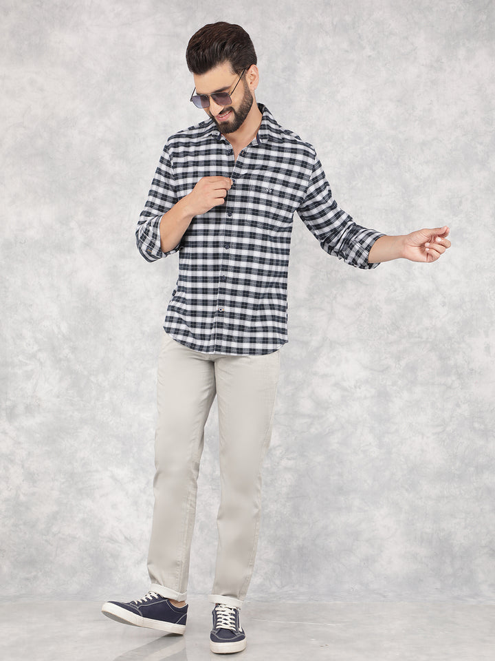 Navy Blue Checked 100% Cotton Shirt-Men Shirts-Crimsoune Club