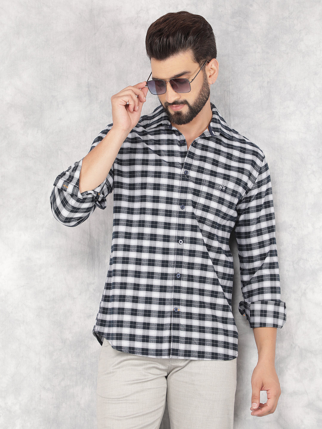 Navy Blue Checked 100% Cotton Shirt-Men Shirts-Crimsoune Club