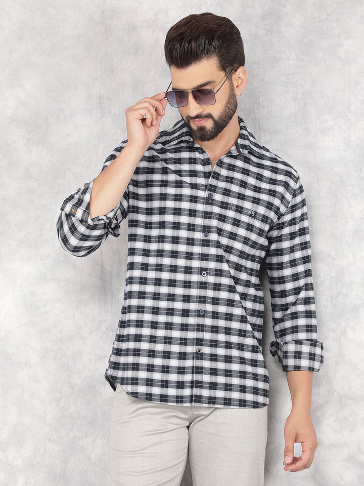 Navy Blue Checked 100% Cotton Shirt-Men Shirts-Crimsoune Club