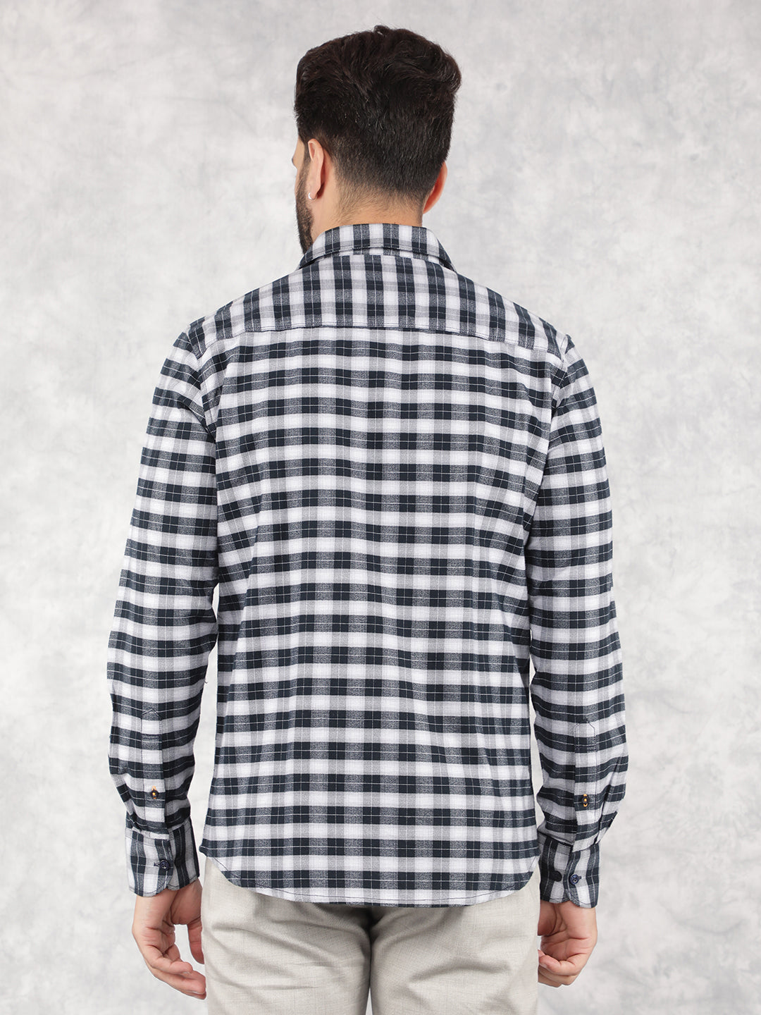 Navy Blue Checked 100% Cotton Shirt-Men Shirts-Crimsoune Club