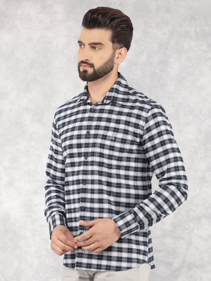 Navy Blue Checked 100% Cotton Shirt-Men Shirts-Crimsoune Club
