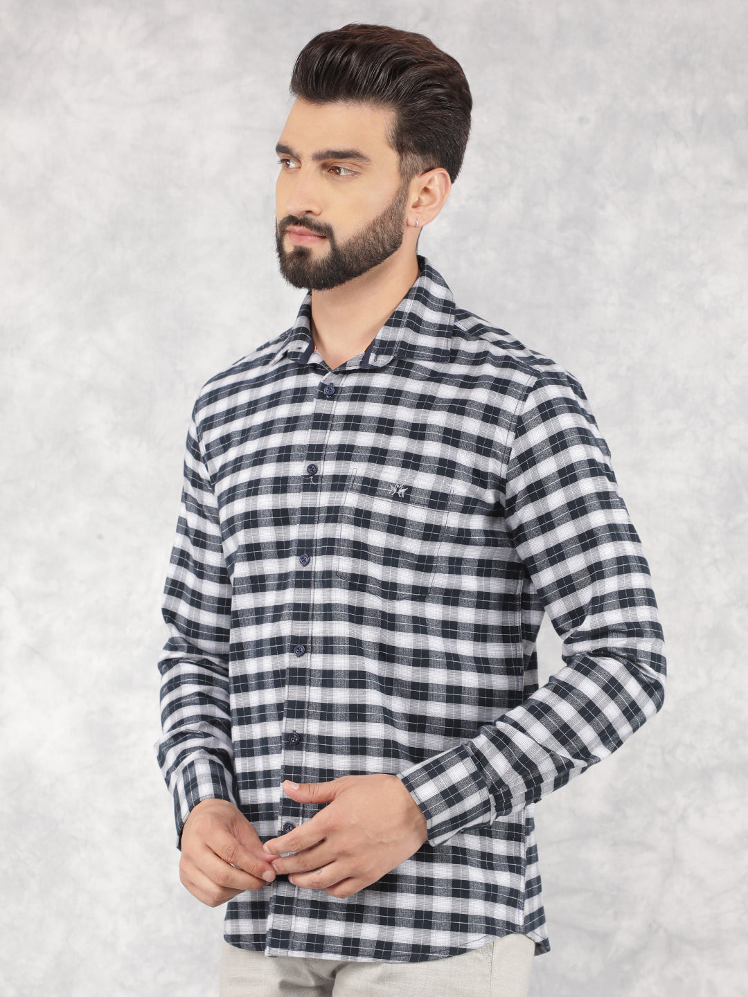Navy Blue Checked 100% Cotton Shirt-Men Shirts-Crimsoune Club