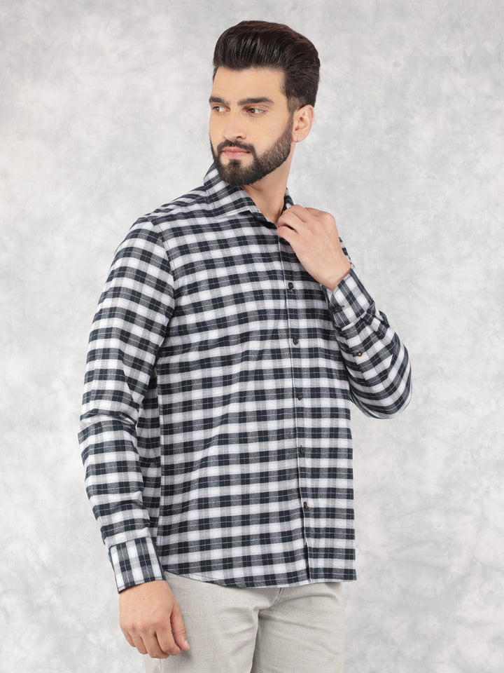 Navy Blue Checked 100% Cotton Shirt-Men Shirts-Crimsoune Club