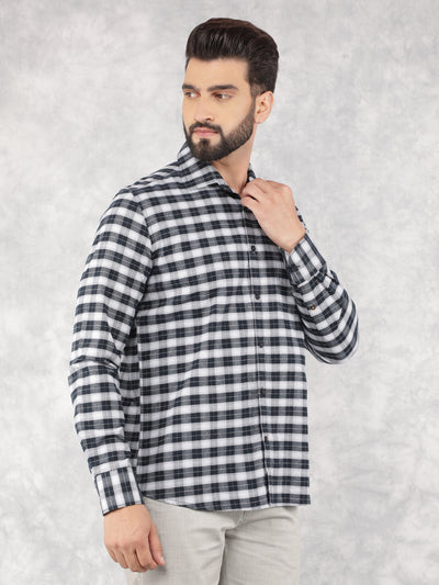 Navy Blue Checked 100% Cotton Shirt-Men Shirts-Crimsoune Club