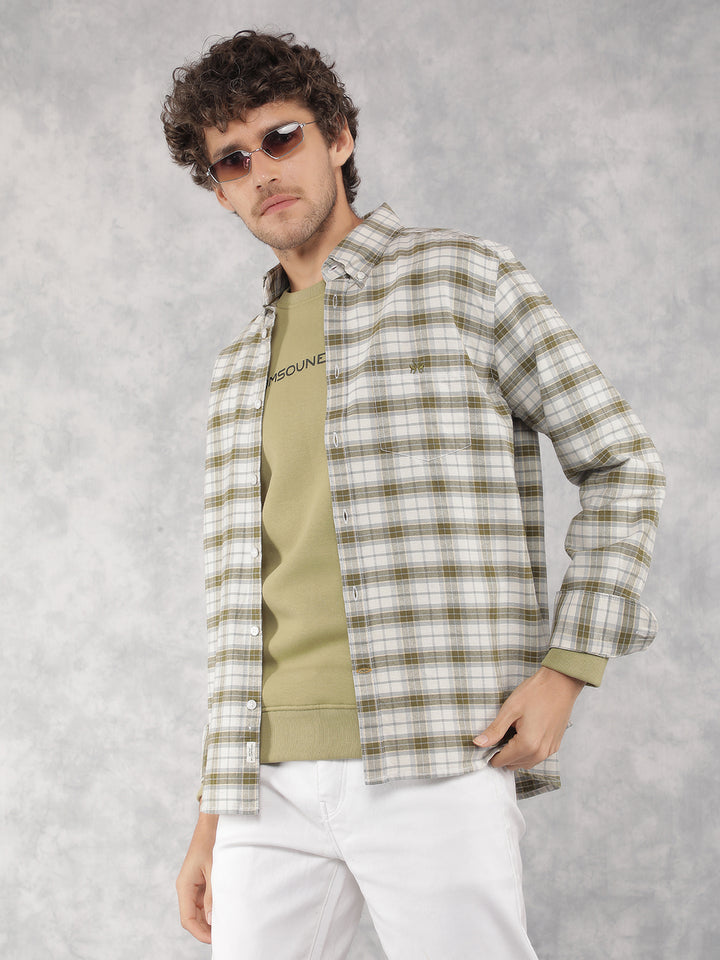 Olive Checkered 100% Cotton Shirt-Men Shirts-Crimsoune Club