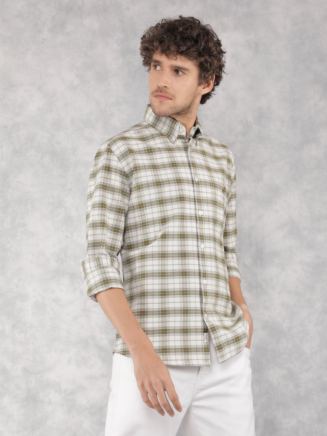 Olive Checkered 100% Cotton Shirt-Men Shirts-Crimsoune Club