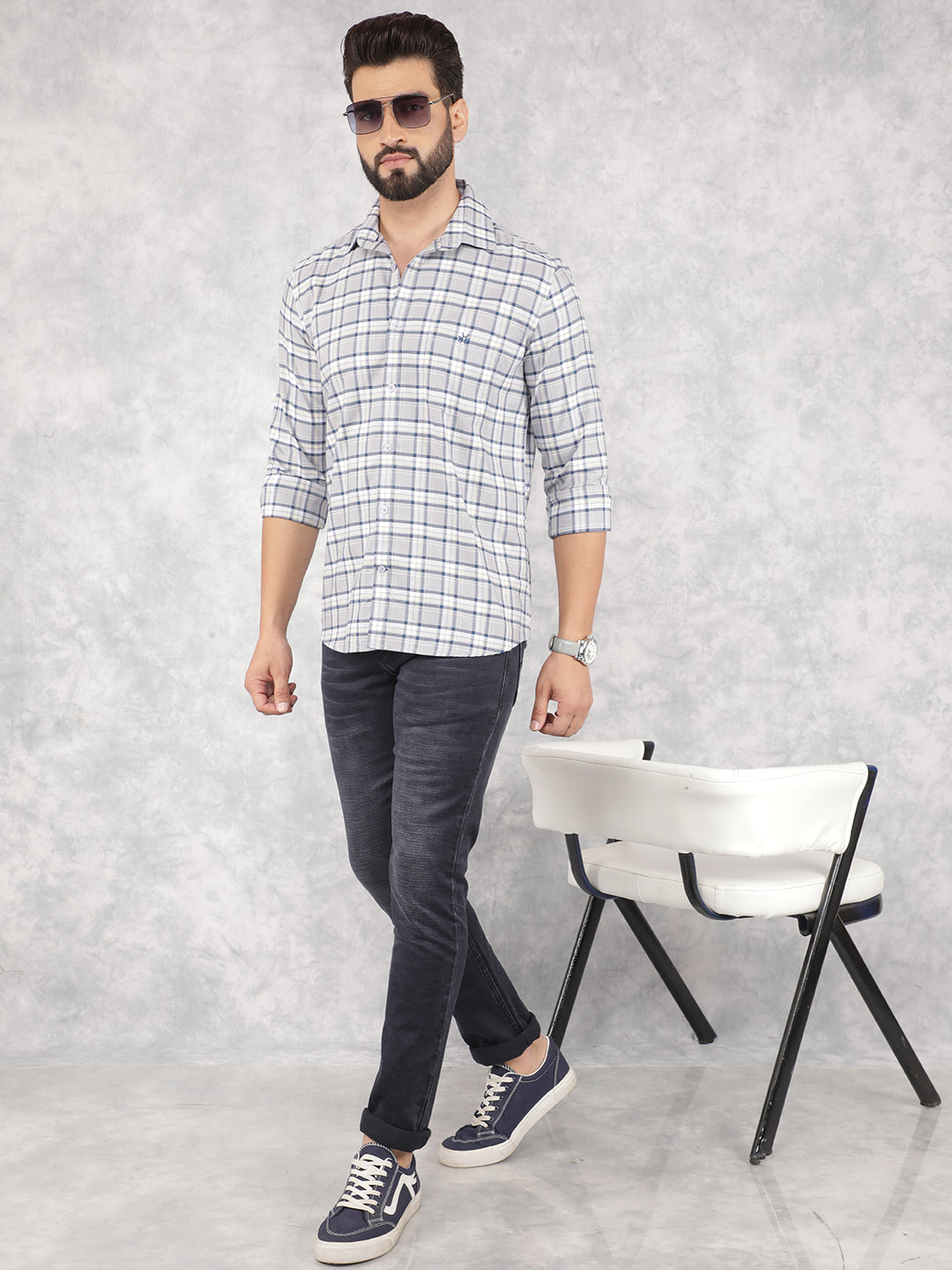 Grey Checked 100% Cotton Shirt-Men Shirts-Crimsoune Club