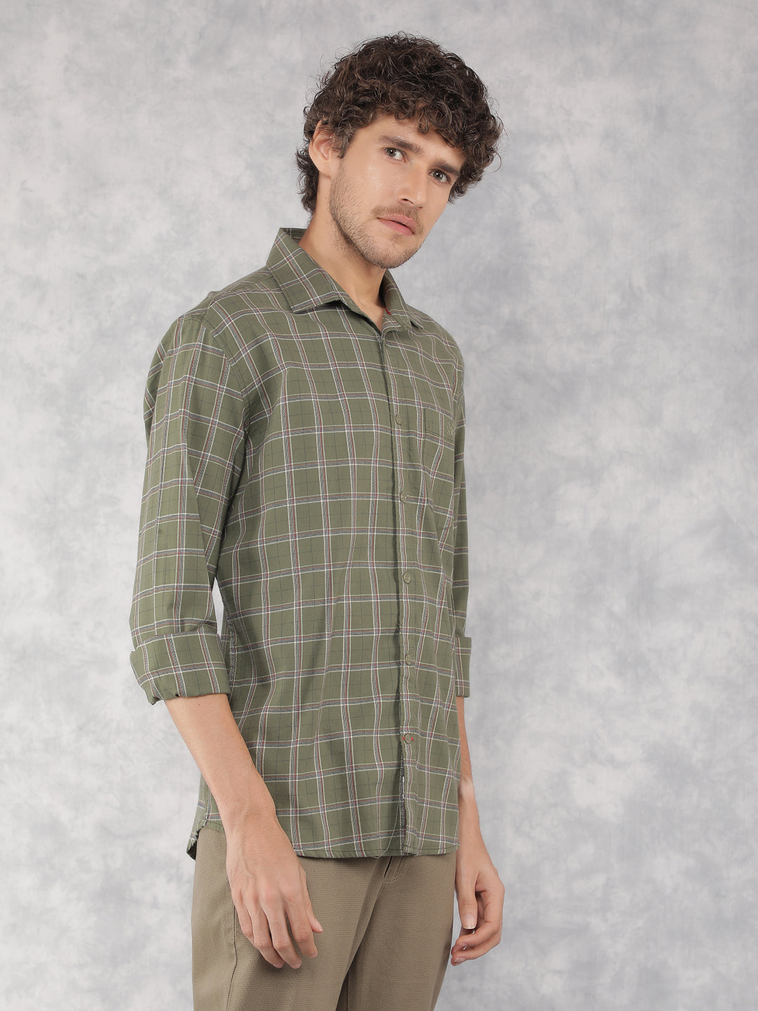Olive Checkered 100% Cotton Shirt-Men Shirts-Crimsoune Club
