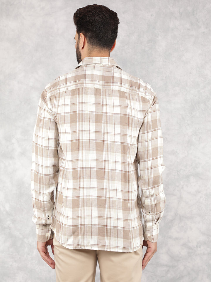 Beige Checked Linen Shirt-Men Shirts-Crimsoune Club