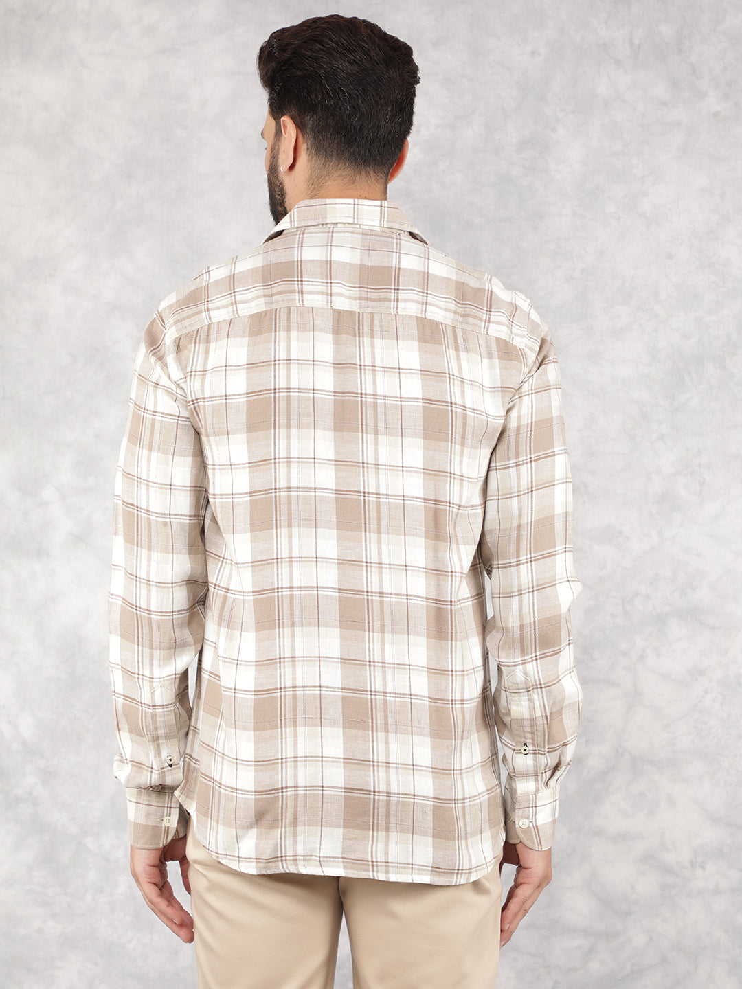 Beige Checked Linen Shirt-Men Shirts-Crimsoune Club