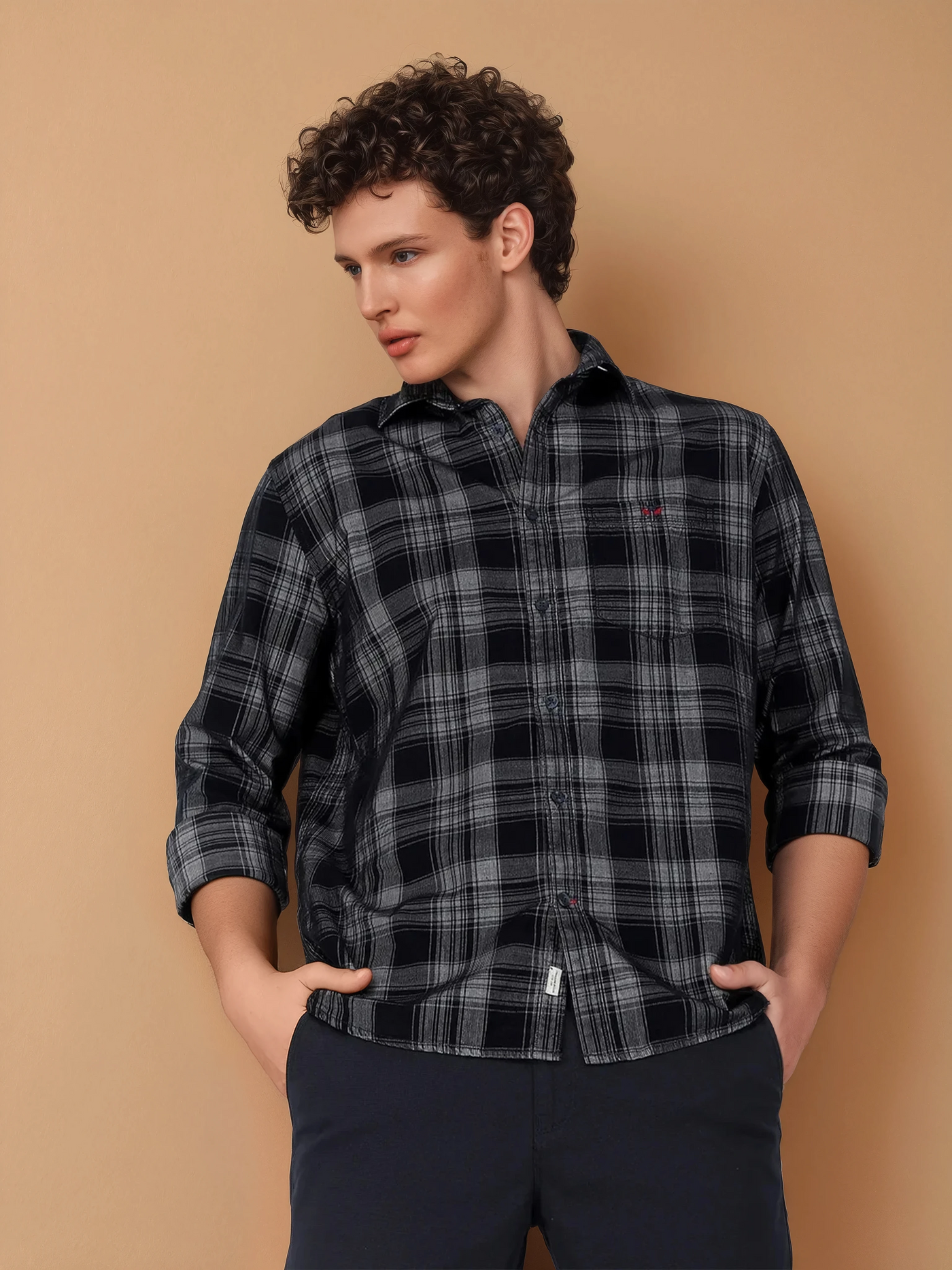Navy Blue 100% Cotton Checked Shirt-Men Shirts-Crimsoune Club