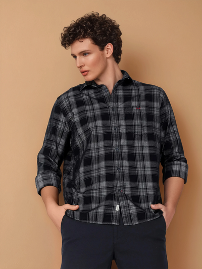Navy Blue 100% Cotton Checked Shirt-Men Shirts-Crimsoune Club