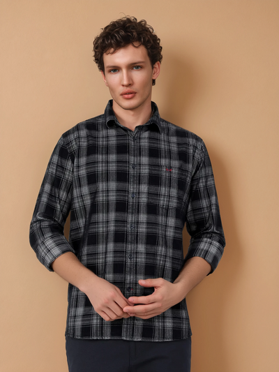 Navy Blue 100% Cotton Checked Shirt-Men Shirts-Crimsoune Club