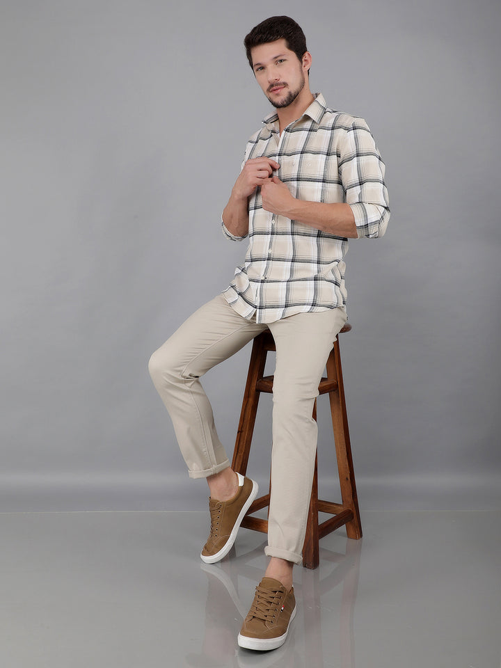 Beige 100% Cotton Checked Shirt-Men Shirts-Crimsoune Club