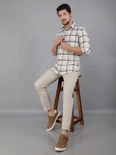 Beige 100% Cotton Checked Shirt-Men Shirts-Crimsoune Club