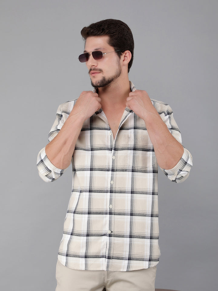 Beige 100% Cotton Checked Shirt-Men Shirts-Crimsoune Club