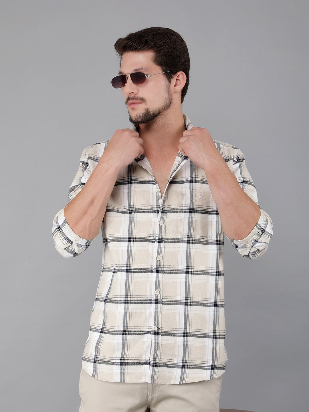 Beige 100% Cotton Checked Shirt-Men Shirts-Crimsoune Club