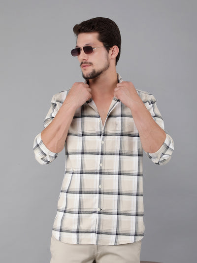 Beige 100% Cotton Checked Shirt-Men Shirts-Crimsoune Club