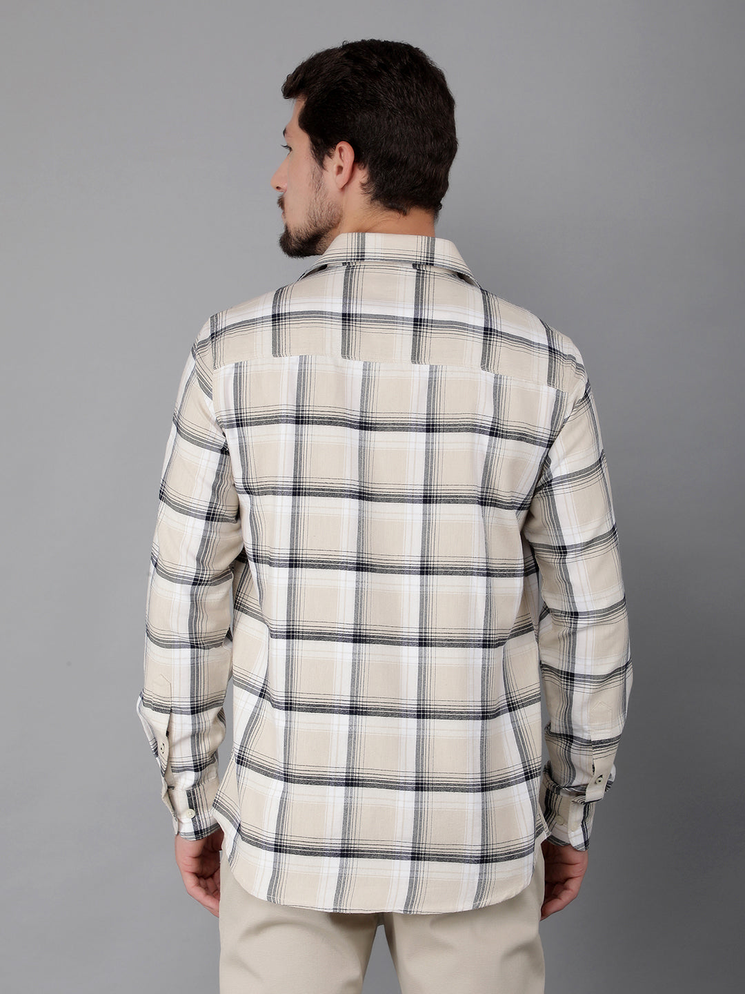 Beige 100% Cotton Checked Shirt-Men Shirts-Crimsoune Club