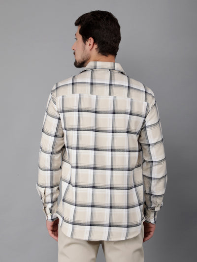 Beige 100% Cotton Checked Shirt-Men Shirts-Crimsoune Club