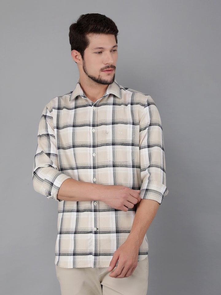 Beige 100% Cotton Checked Shirt-Men Shirts-Crimsoune Club