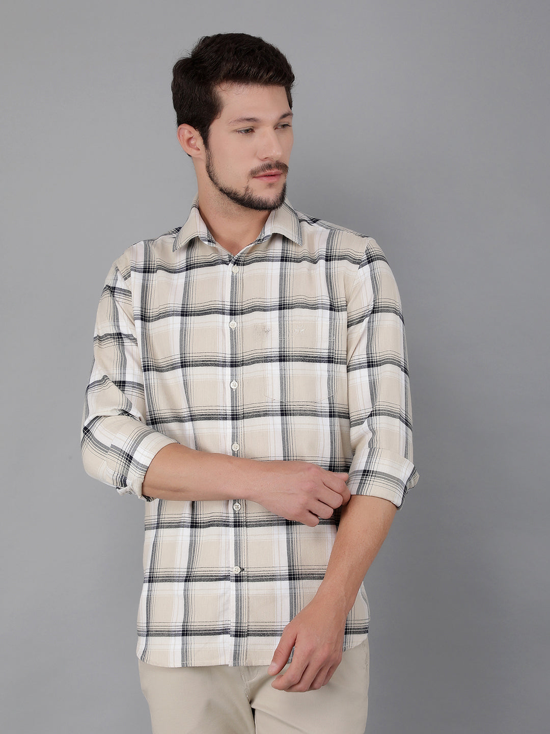 Beige 100% Cotton Checked Shirt-Men Shirts-Crimsoune Club