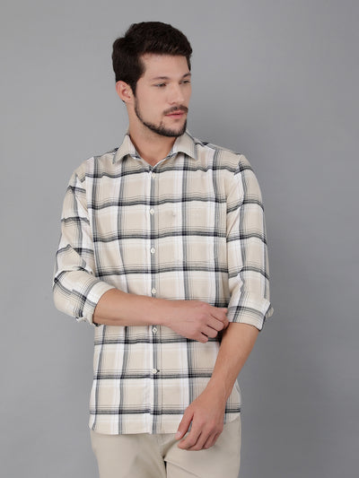 Beige 100% Cotton Checked Shirt-Men Shirts-Crimsoune Club