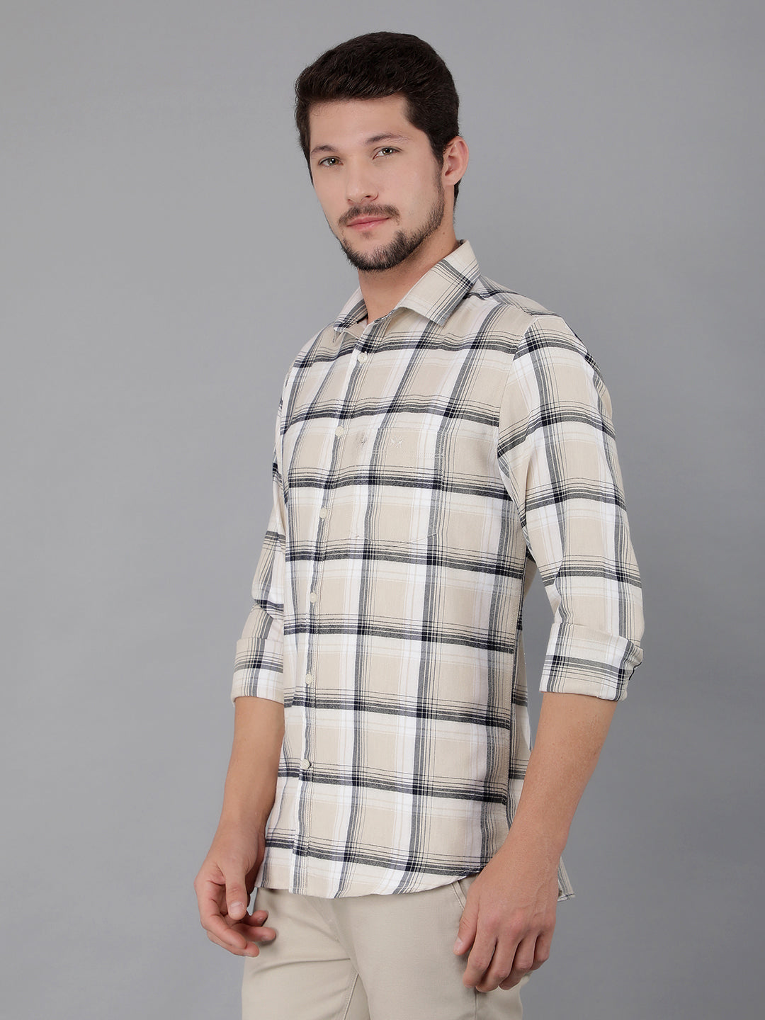 Beige 100% Cotton Checked Shirt-Men Shirts-Crimsoune Club