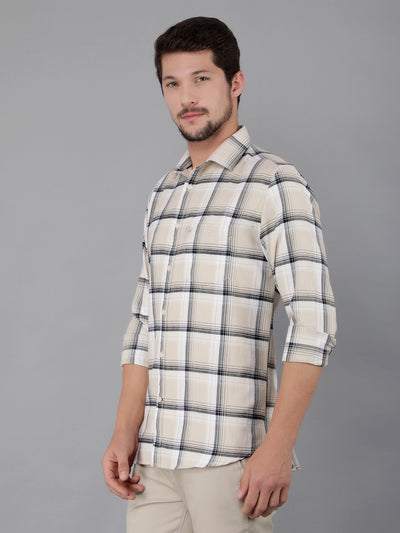 Beige 100% Cotton Checked Shirt-Men Shirts-Crimsoune Club