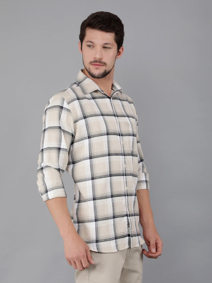 Beige 100% Cotton Checked Shirt-Men Shirts-Crimsoune Club