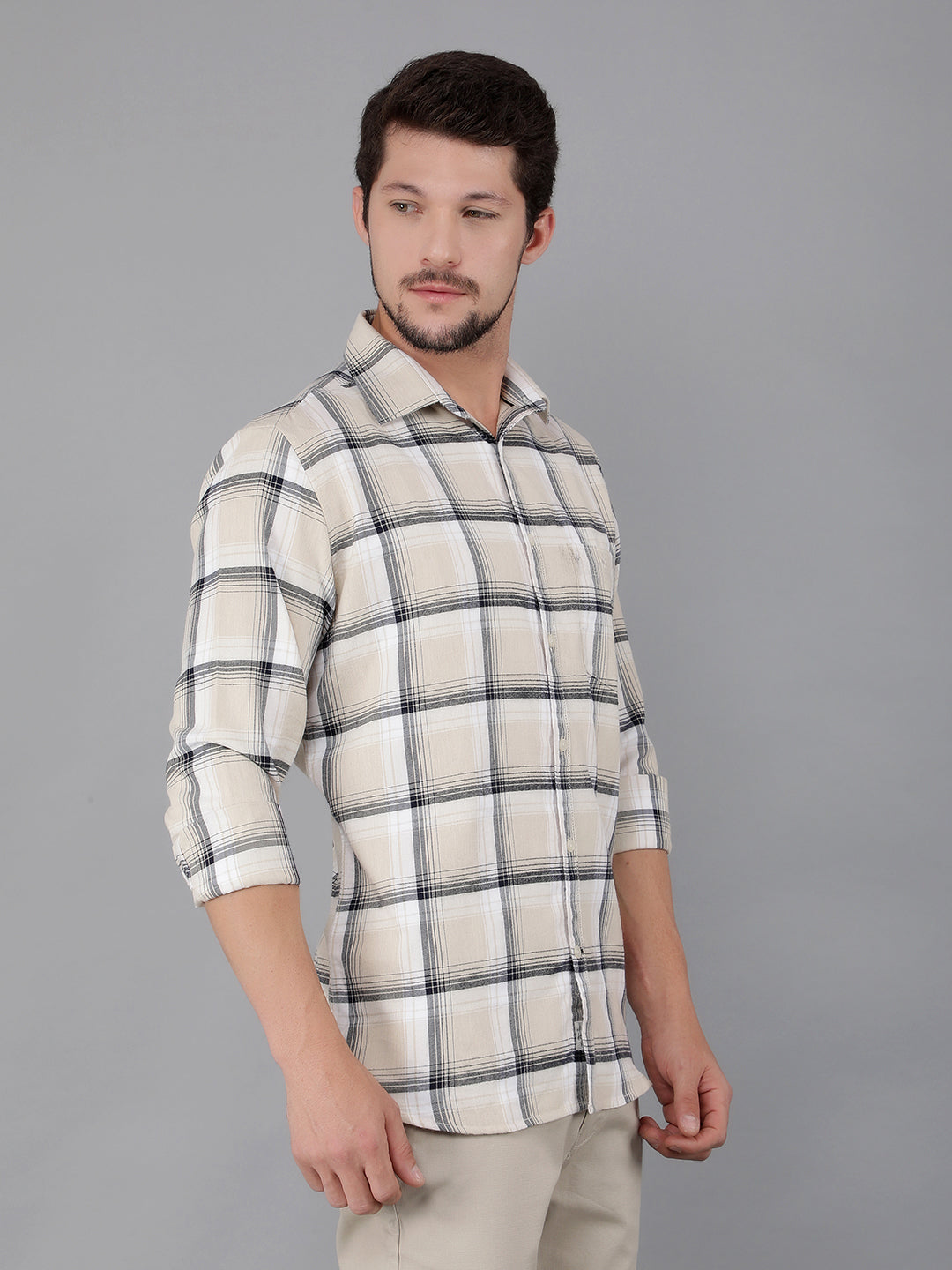 Beige 100% Cotton Checked Shirt-Men Shirts-Crimsoune Club