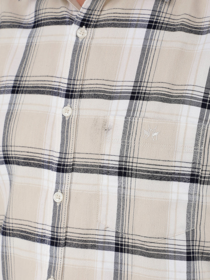 Beige 100% Cotton Checked Shirt-Men Shirts-Crimsoune Club
